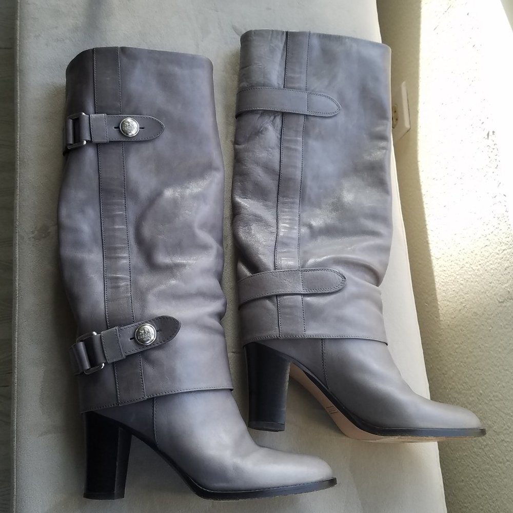 Coach leather boots - grey / gray knee high with buckles